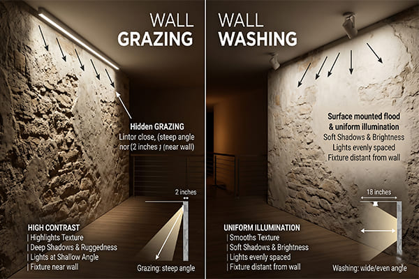 A comparison of wall grazing and wall washing on a textured wall
